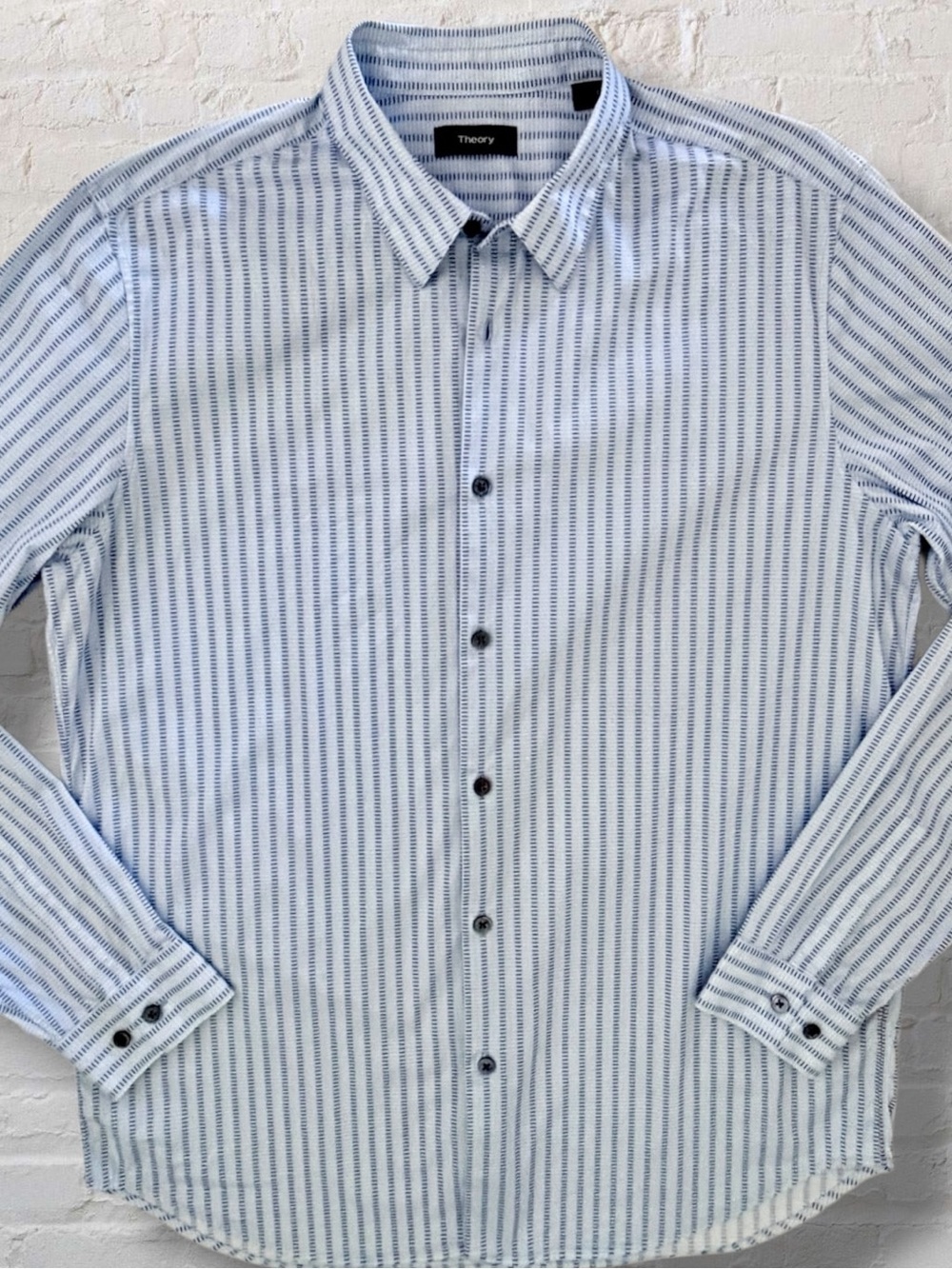 Theory Irving Dash Print Shirt Men L Light Blue Stretch Cotton Button Up